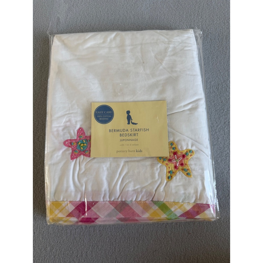Pottery Barn Kids Bermuda Starfish Crib Bedskirt White Plaid Cotton 11 Inch Drop